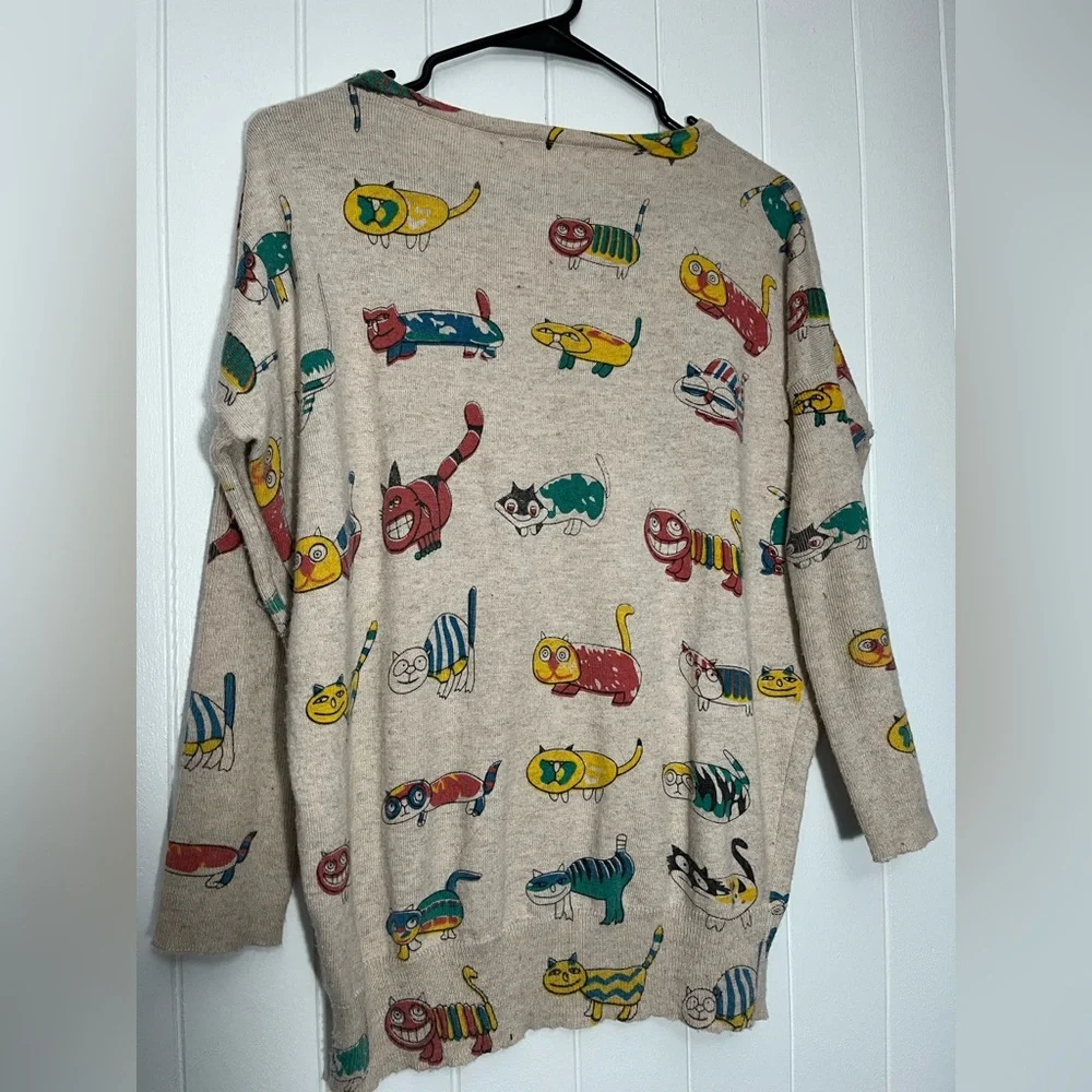 Whimsical Cat Print Crewneck Sweater - Beige - Picture 3 of 10